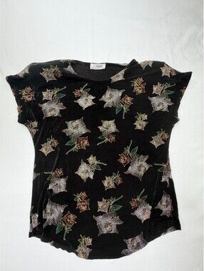 Vintage '90 CAVIAR Women's Blouse Cap Sleeve Floral  Knit Pullover Size S Black